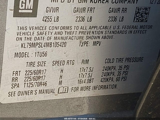 45751140 :رقم المزاد ، KL79MPSL4MB105420 vin ، 2021 Chevrolet Trailblazer Fwd Lt مزاد بيع