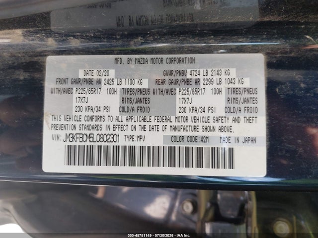 Auction sale of the 2020 Mazda Cx-5 Touring, vin: JM3KFBCM5L0802301, lot number: 45751149