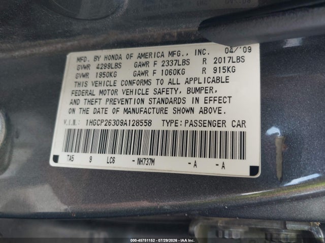 Продажа на аукционе авто 2009 Honda Accord 2.4 Lx, vin: 1HGCP26309A128558, номер лота: 45751152