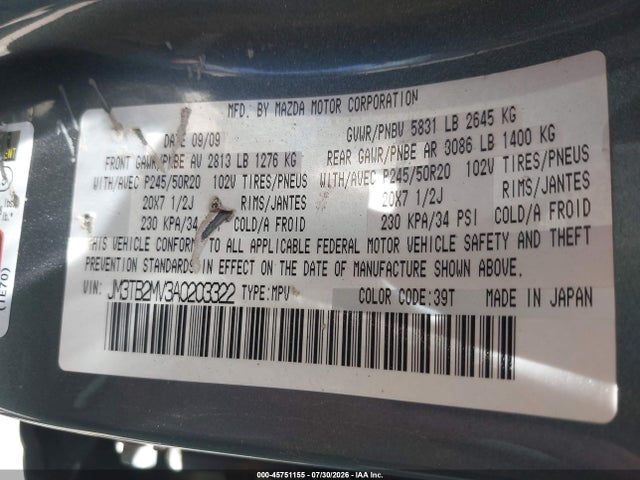 2010 Mazda Cx-9 Grand Touring მანქანა იყიდება აუქციონზე, vin: JM3TB2MV3A0203322, აუქციონის ნომერი: 45751155