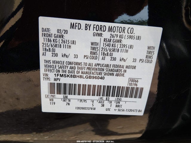 Продаж на аукціоні авто 2020 Ford Explorer, vin: 1FMSK8BH8LGB96040, номер лоту: 45751162