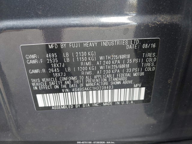 Продажа на аукционе авто 2017 Subaru Outback 2.5i Limited, vin: 4S4BSAKC1H3239403, номер лота: 45751180