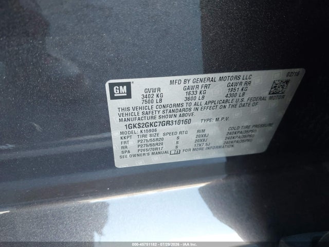 45751182 :رقم المزاد ، 1GKS2GKC7GR310160 vin ، 2016 Gmc Yukon Xl Slt مزاد بيع