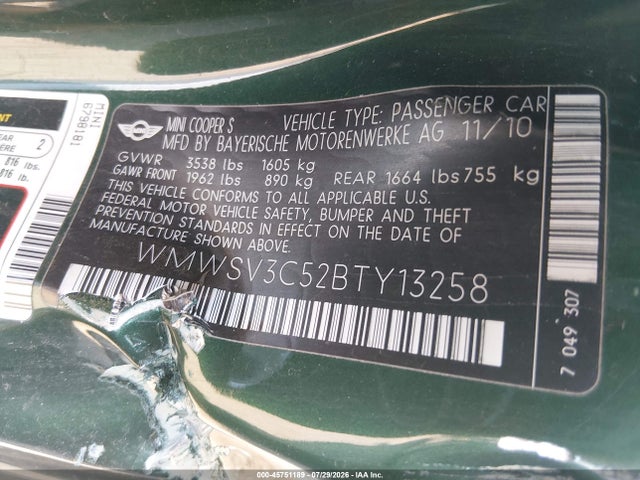 Продажа на аукционе авто 2011 Mini Cooper S, vin: WMWSV3C52BTY13258, номер лота: 45751189