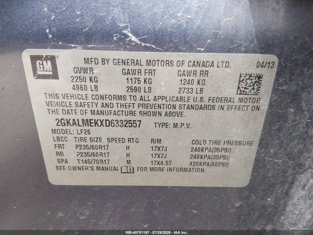 Aukcja sprzedaży 2013 Gmc Terrain Sle-1, vin: 2GKALMEKXD6332557, numer aukcji: 45751197