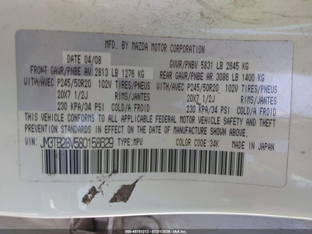 Aukcja sprzedaży 2008 Mazda Cx-9 Grand Touring, vin: JM3TB28V580158629, numer aukcji: 45751212