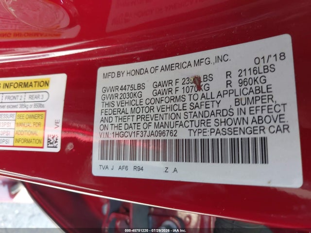 45751220 :رقم المزاد ، 1HGCV1F37JA096762 vin ، 2018 Honda Accord Sport مزاد بيع