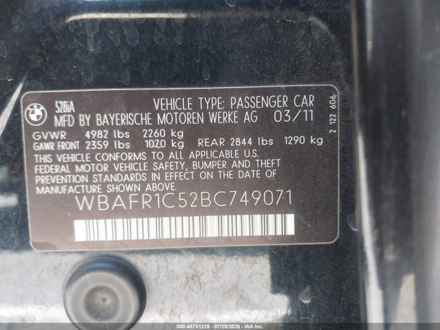 45751229 :رقم المزاد ، WBAFR1C52BC749071 vin ، 2011 Bmw 528i مزاد بيع