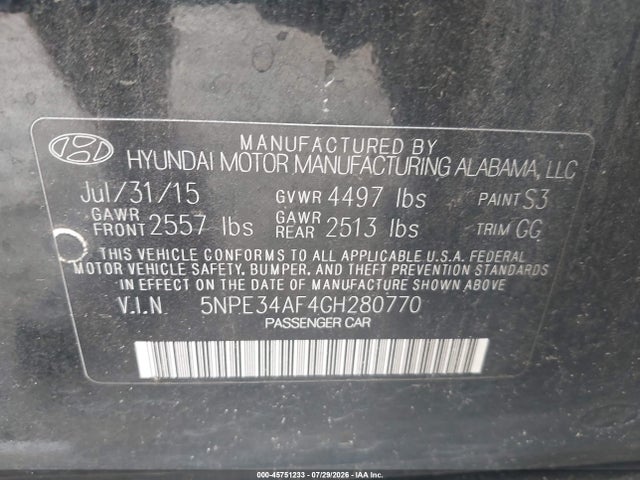 Продаж на аукціоні авто 2016 Hyundai Sonata Sport, vin: 5NPE34AF4GH280770, номер лоту: 45751233