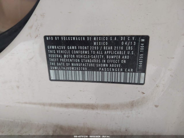 45751238 :رقم المزاد ، 3VWLL7AJ8DM292789 vin ، 2013 Volkswagen Jetta 2.0l Tdi مزاد بيع