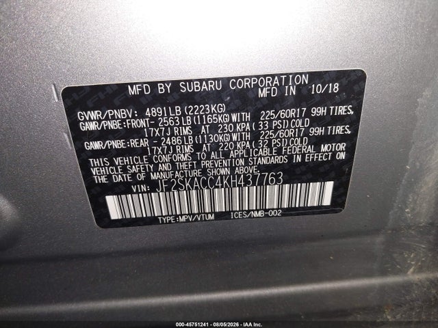 Продажа на аукционе авто 2019 Subaru Forester, vin: JF2SKACC4KH437763, номер лота: 45751241
