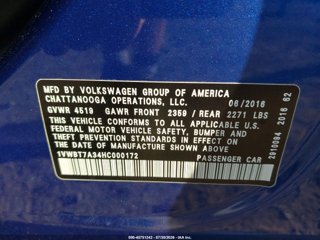 Aukcja sprzedaży 2017 Volkswagen Passat 1.8t Se, vin: 1VWBT7A34HC000172, numer aukcji: 45751242