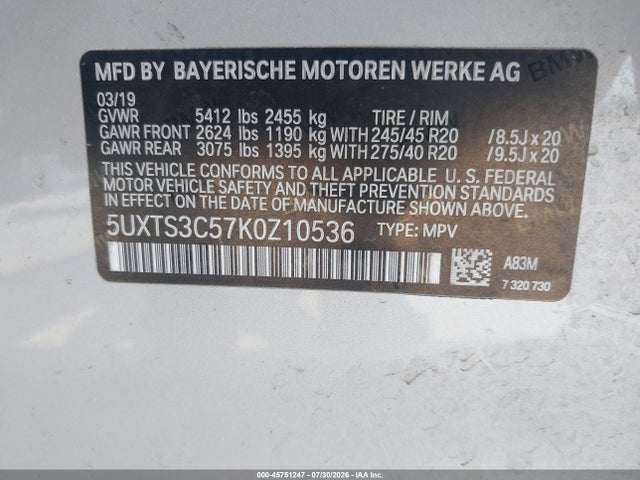 Продаж на аукціоні авто 2019 Bmw X3 M40i, vin: 5UXTS3C57K0Z10536, номер лоту: 45751247