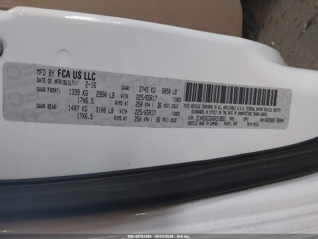 Aukcja sprzedaży 2016 Dodge Grand Caravan Sxt, vin: 2C4RDGCGXGR318821, numer aukcji: 45751264