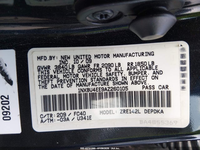 2010 Toyota Corolla Le მანქანა იყიდება აუქციონზე, vin: 1NXBU4EE9AZ260105, აუქციონის ნომერი: 45751265