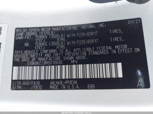 Auction sale of the 2021 Toyota Sienna Le, vin: 5TDKRKEC8MS016690, lot number: 45751294