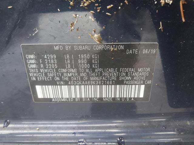 45751301 :رقم المزاد ، 4S3GKAA69K3621661 vin ، 2019 Subaru Impreza 2.0i مزاد بيع