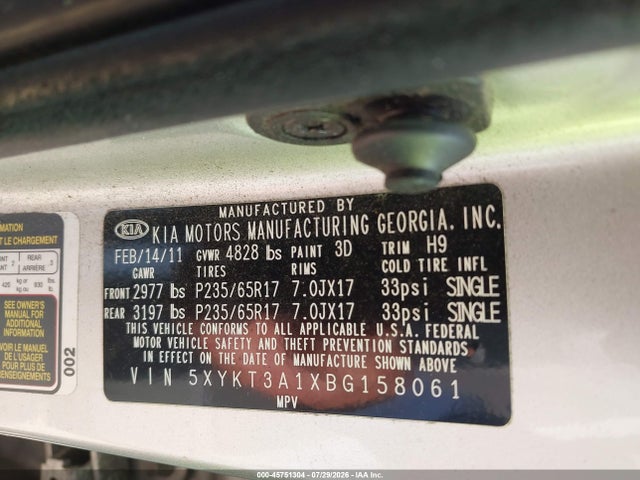 Aukcja sprzedaży 2011 Kia Sorento Lx, vin: 5XYKT3A1XBG158061, numer aukcji: 45751304