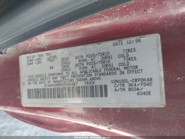 45751305 :رقم المزاد ، 4TASN92N9XZ456457 vin ، 1999 Toyota Tacoma Prerunner V6 مزاد بيع