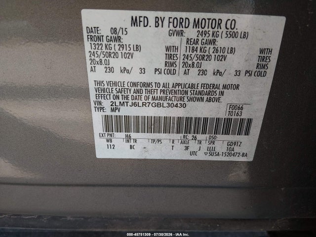 45751309 :رقم المزاد ، 2LMTJ6LR7GBL30430 vin ، 2016 Lincoln Mkx Reserve مزاد بيع
