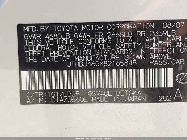 45751312 :رقم المزاد ، JTHBJ46GX82165845 vin ، 2008 Lexus Es 350 مزاد بيع
