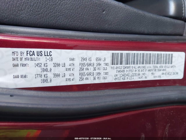 45751330 :رقم المزاد ، 1C4RDHAG1JC276144 vin ، 2018 Dodge Durango Sxt Rwd مزاد بيع