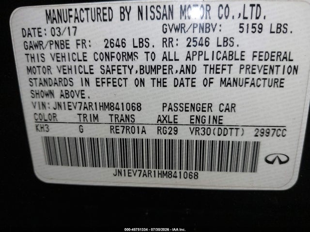 Продажа на аукционе авто 2017 Infiniti Q50 3.0t Signature Edition, vin: JN1EV7AR1HM841068, номер лота: 45751334