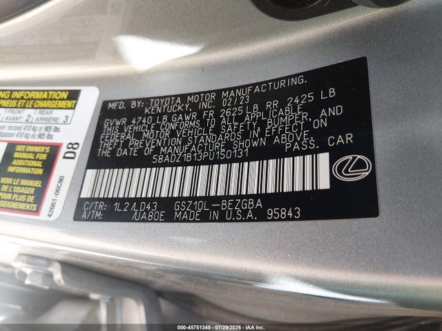 Продаж на аукціоні авто 2023 Lexus Es 350, vin: 58ADZ1B13PU150131, номер лоту: 45751340