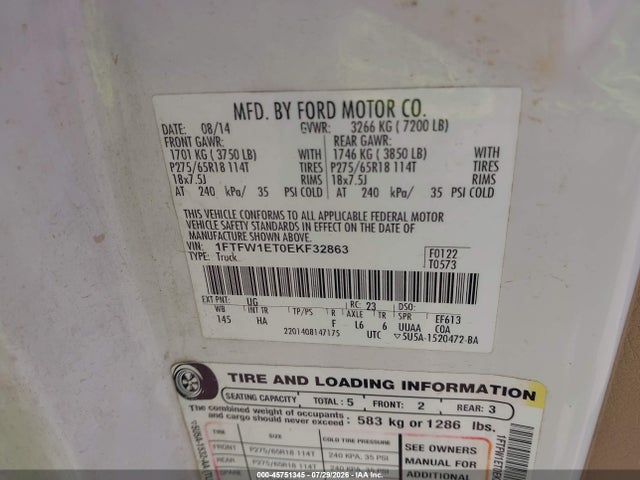 Ford F-150 Lariat 2014 1FTFW1ET0EKF32863 Image 9