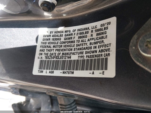 Продажа на аукционе авто 2020 Honda Insight Touring, vin: 19XZE4F93LE012144, номер лота: 45751350