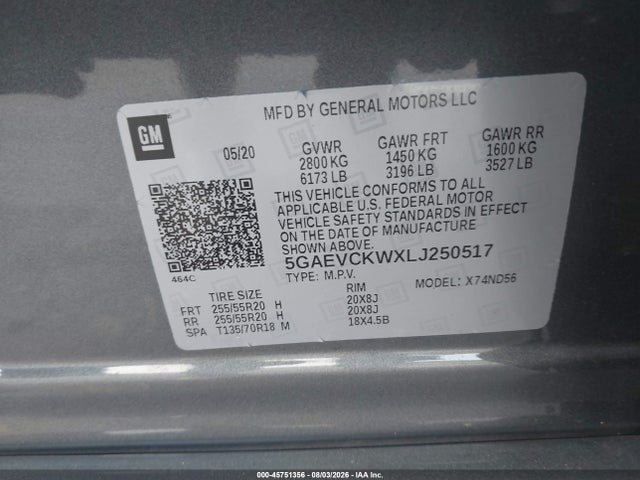 Продаж на аукціоні авто 2020 Buick Enclave Awd Avenir, vin: 5GAEVCKWXLJ250517, номер лоту: 45751356