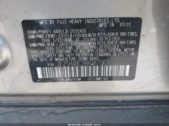 Продаж на аукціоні авто 2011 Subaru Forester 2.5x, vin: JF2SHABC2BH782063, номер лоту: 45751360