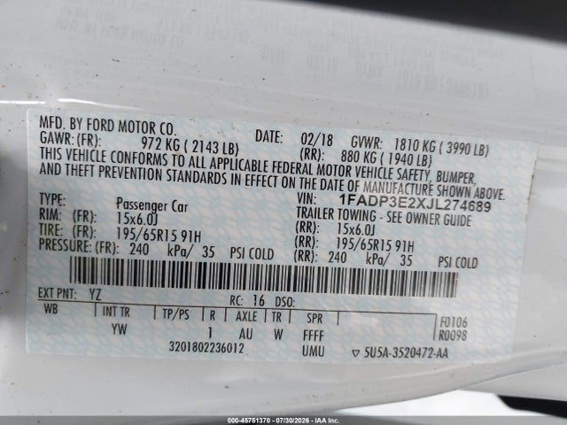 2018 Ford Focus S მანქანა იყიდება აუქციონზე, vin: 1FADP3E2XJL274689, აუქციონის ნომერი: 45751370