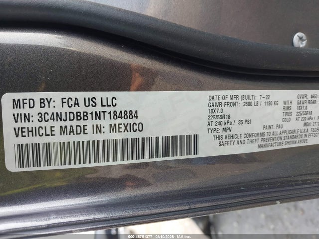 Продажа на аукционе авто 2022 Jeep Compass Altitude 4x4, vin: 3C4NJDBB1NT184884, номер лота: 45751377