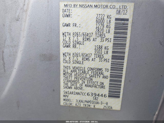 45751393 :رقم المزاد ، 5N1AR1NN7CC639446 vin ، 2012 Nissan Pathfinder Silver مزاد بيع