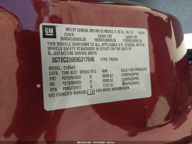 Продаж на аукціоні авто 2009 Gmc Sierra 1500 Sle, vin: 3GTEC23069G217646, номер лоту: 45751407