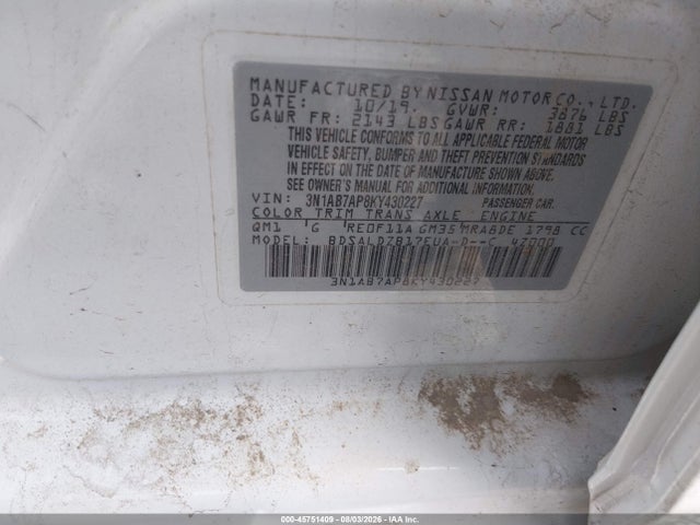 Продаж на аукціоні авто 2019 Nissan Sentra Sv, vin: 3N1AB7AP8KY430227, номер лоту: 45751409