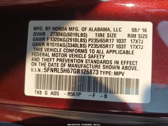 Auction sale of the 2016 Honda Odyssey Ex-l, vin: 5FNRL5H67GB126873, lot number: 45751410