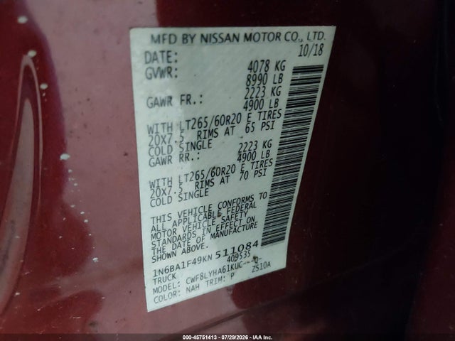Продажа на аукционе авто 2019 Nissan Titan Xd Platinum Reserve Diesel, vin: 1N6BA1F49KN511084, номер лота: 45751413