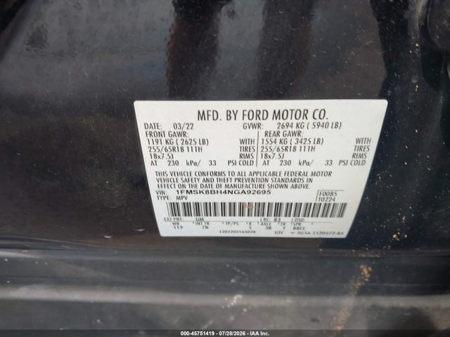 Ford Explorer 2022 1FMSK8BH4NGA92695 Image 9