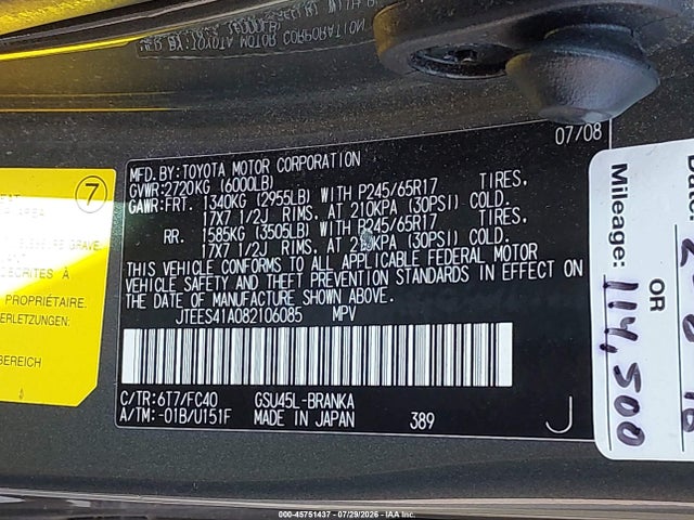 Продажа на аукционе авто 2008 Toyota Highlander, vin: JTEES41A082106085, номер лота: 45751437