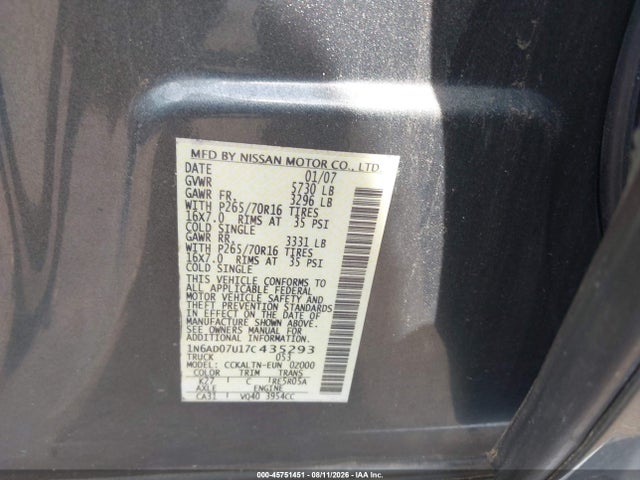 45751451 :رقم المزاد ، 1N6AD07U17C435293 vin ، 2007 Nissan Frontier Se مزاد بيع