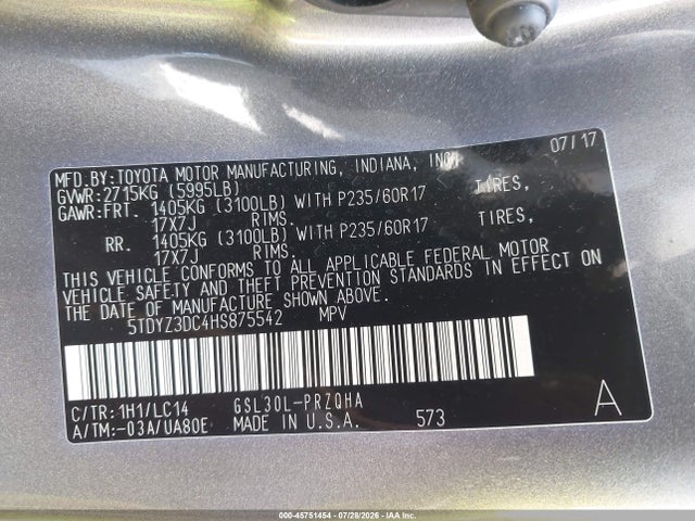 5TDYZ3DC4HS875542 Toyota Sienna Xle 8 Passenger