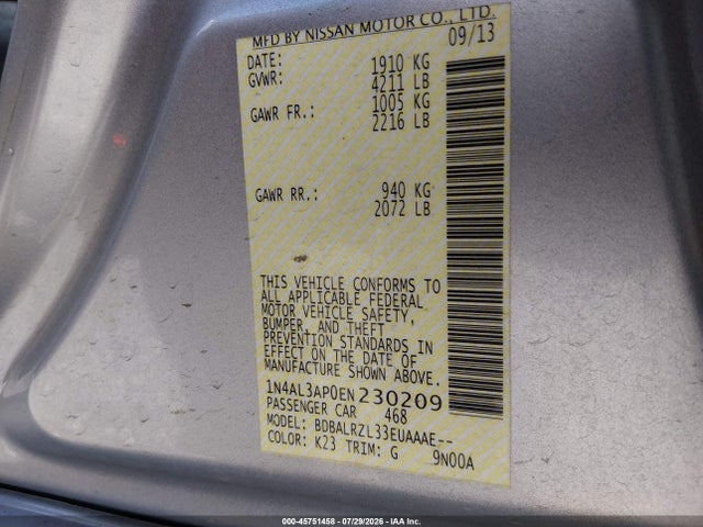 Aukcja sprzedaży 2014 Nissan Altima 2.5 S, vin: 1N4AL3AP0EN230209, numer aukcji: 45751458