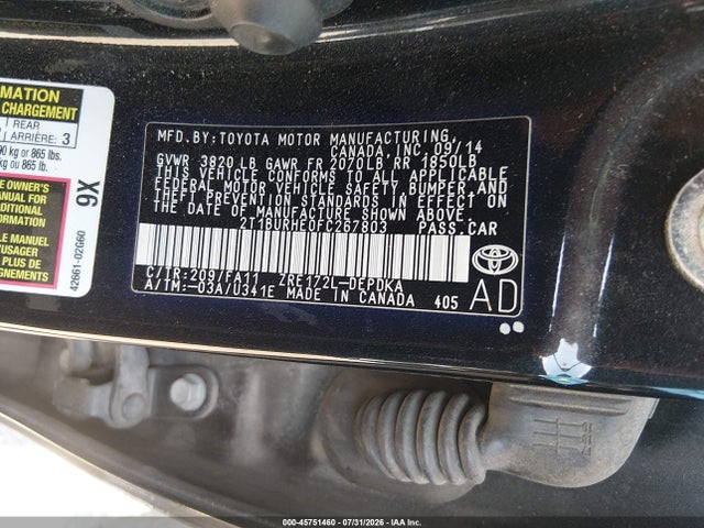 2015 Toyota Corolla L მანქანა იყიდება აუქციონზე, vin: 2T1BURHE0FC267803, აუქციონის ნომერი: 45751460