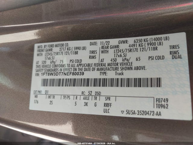 45751464 :رقم المزاد ، 1FT8W3DT7NEF80039 vin ، 2022 Ford F-350 Xlt مزاد بيع