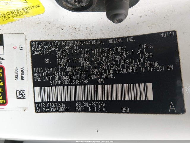 2012 Toyota Sienna Xle V6 8 Passenger მანქანა იყიდება აუქციონზე, vin: 5TDYK3DC8CS187198, აუქციონის ნომერი: 45751470