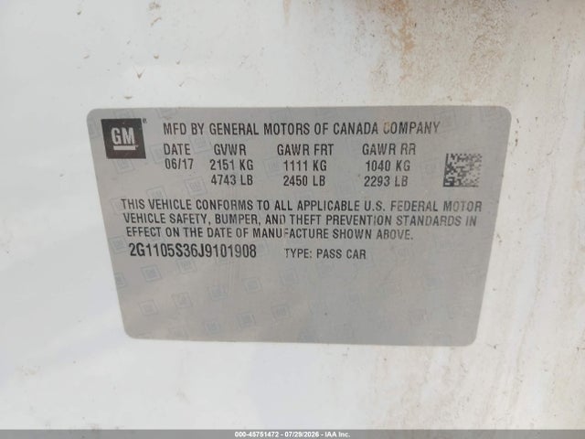 Продажа на аукционе авто 2018 Chevrolet Impala 1lt, vin: 2G1105S36J9101908, номер лота: 45751472