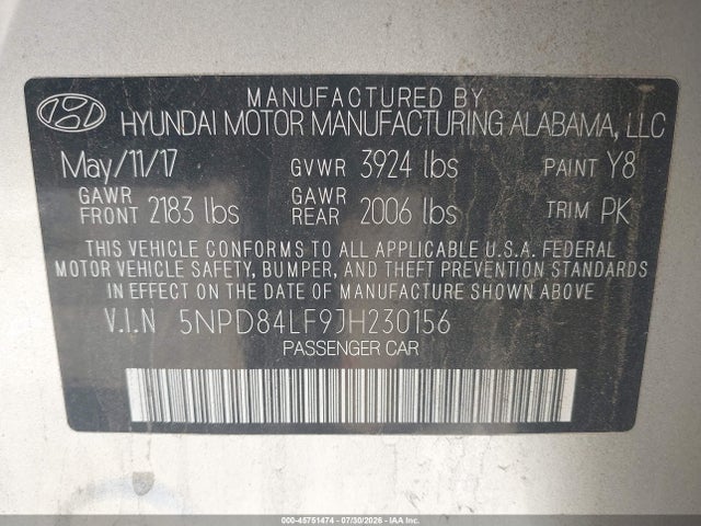 2018 Hyundai Elantra Sel მანქანა იყიდება აუქციონზე, vin: 5NPD84LF9JH230156, აუქციონის ნომერი: 45751474