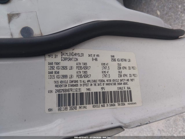 Продаж на аукціоні авто 2007 Chrysler Pacifica Touring, vin: 2A8GM68X87R116191, номер лоту: 45751477
